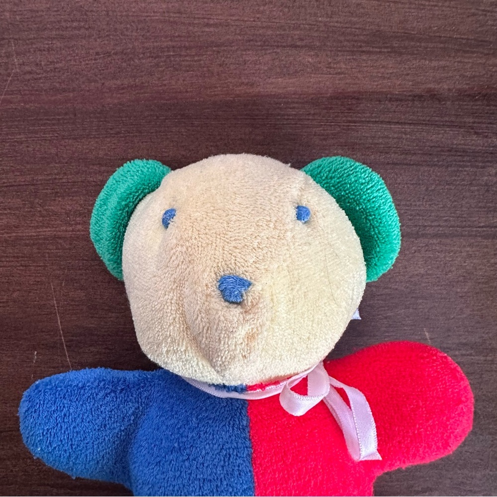 Vintage Eden Teddy Bear Plush Baby Rattle Toy Primary Colorblock Terrycloth 7” - Picture 2 of 6
